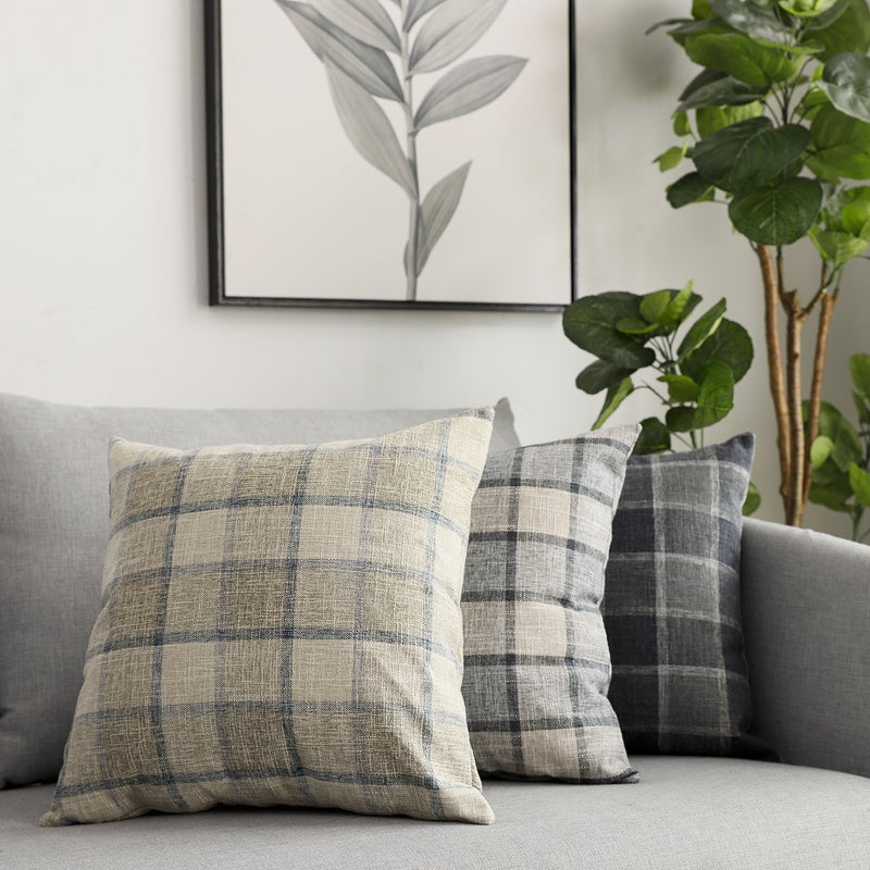 UGS UGASA UGASA Square Checkers Decorative Throw Pillow Case Cotton Linen Cushion Covers Shell with Hidden Zipper, 18 x 18 Inches, 2 Pc, Natural + Little Boy Blue - Image 5