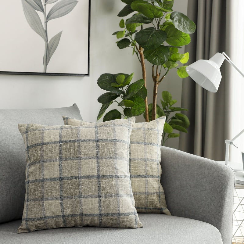 UGS UGASA UGASA Square Checkers Decorative Throw Pillow Case Cotton Linen Cushion Covers Shell with Hidden Zipper, 18 x 18 Inches, 2 Pc, Natural + Little Boy Blue - Image 1