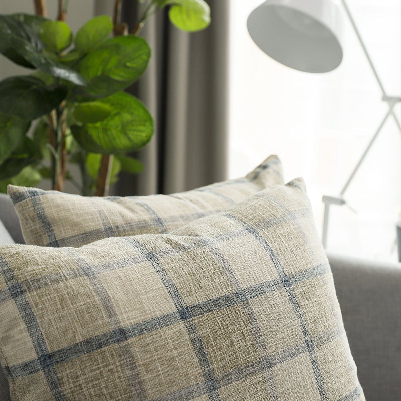 UGS UGASA UGASA Square Checkers Decorative Throw Pillow Case Cotton Linen Cushion Covers Shell with Hidden Zipper, 18 x 18 Inches, 2 Pc, Natural + Little Boy Blue - Image 4