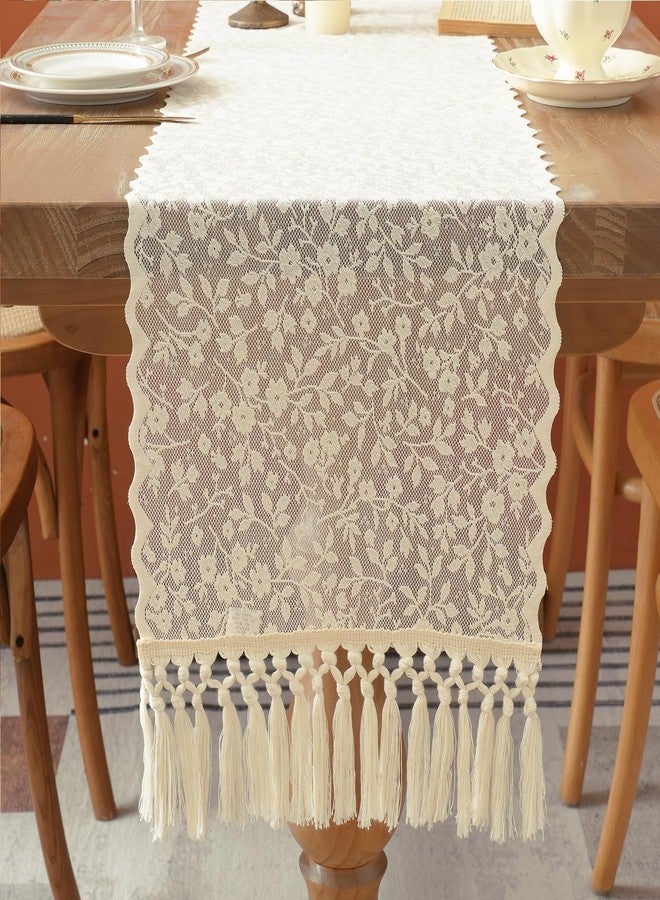 timecity Beige Lace Table Runner Boho Table Runner Vintage Rustic Cloth Runners for Living Room Home Dinning Table Decorations (14x87 inch,Tassel Included) - Image 4