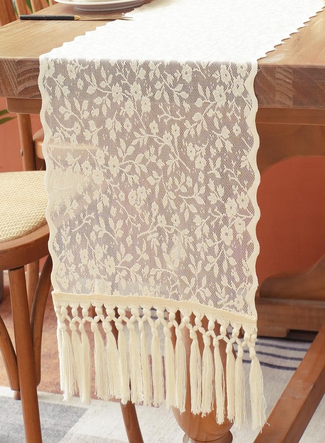 timecity Beige Lace Table Runner Boho Table Runner Vintage Rustic Cloth Runners for Living Room Home Dinning Table Decorations (14x87 inch,Tassel Included) - Image 1
