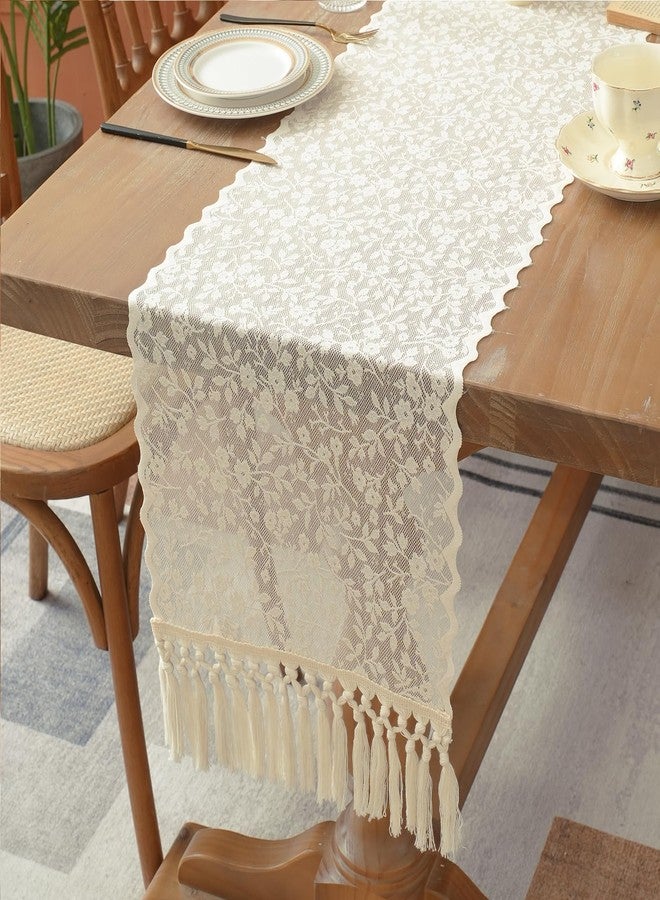 timecity Beige Lace Table Runner Boho Table Runner Vintage Rustic Cloth Runners for Living Room Home Dinning Table Decorations (14x87 inch,Tassel Included) - Image 5