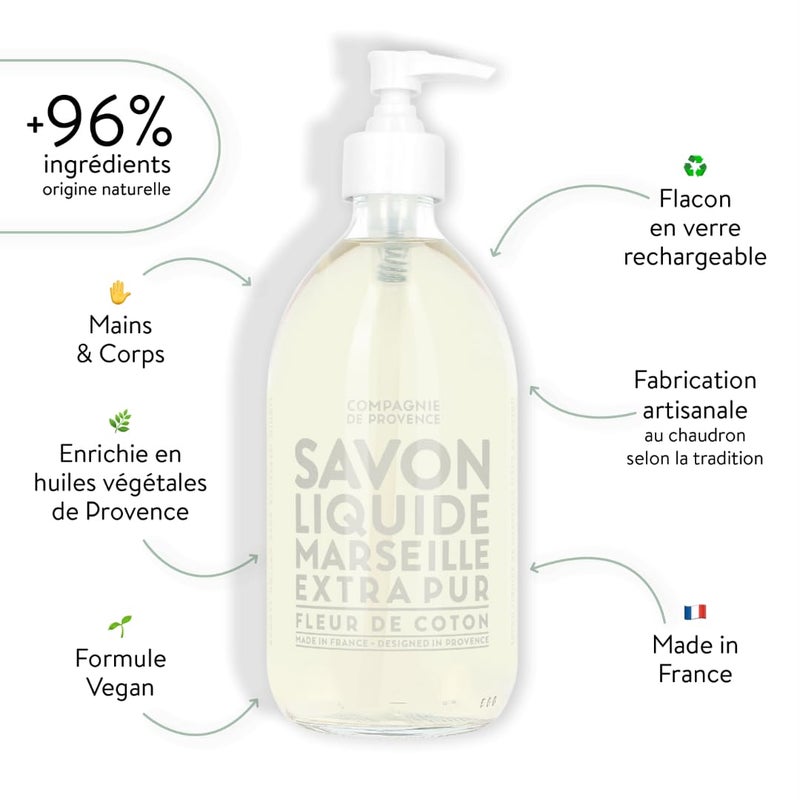 La Compagnie de Provence Compagnie de Provence Savon de Marseille Extra Pure Liquid Soap - Cotton Flower - 16.7 Fl Oz Glass Pump Bottle - Image 2