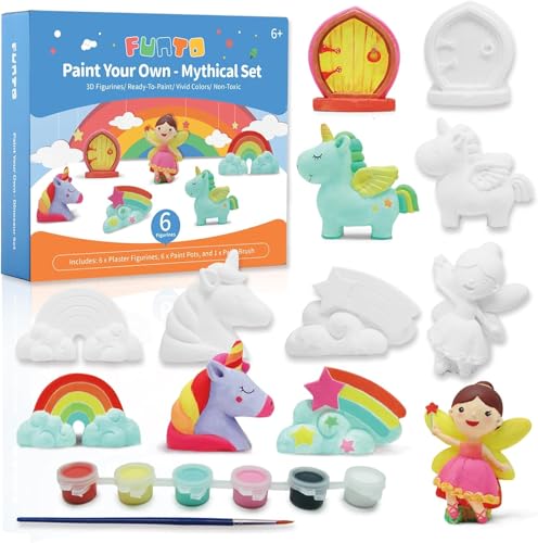 Funto Paint Your Own Unicorn Painting Kit, Arts and Crafts Set, STEAM Project Creative Activity DIY Toys, with 6 Figurines, 6 Paint Pots, 1 Brush - Image 1