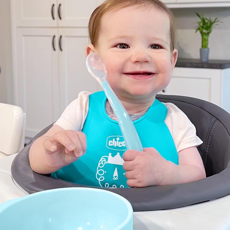 Chicco Easy Start Silicone Feeding Set | Dishes for Baby-Led Weaning | Suction Bowl | Adjustable Silicone Bib | Soft Silicone Spoon | BPA-Free | 3 Piece Set | 6m+ | Teal - Image 2