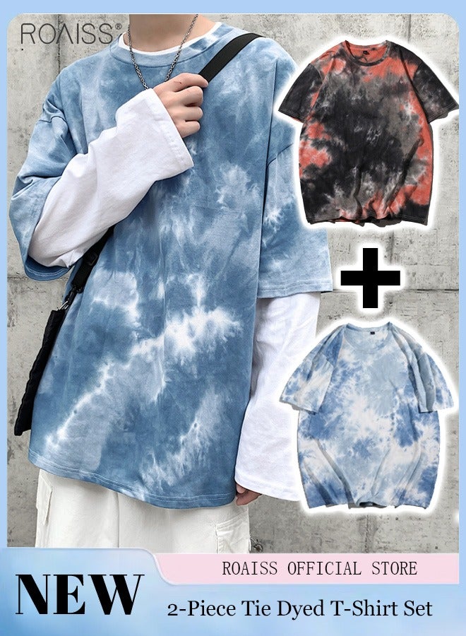 roaiss 2-Piece Unisex Style Fashion Tie Dyed T-Shirt Casual Loose Fitting Short Sleeved Top Comfortable And Breathable Versatile Cotton Pullover - Image 1