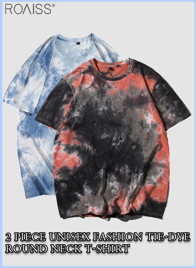 roaiss 2-Piece Unisex Style Fashion Tie Dyed T-Shirt Casual Loose Fitting Short Sleeved Top Comfortable And Breathable Versatile Cotton Pullover - Image 2