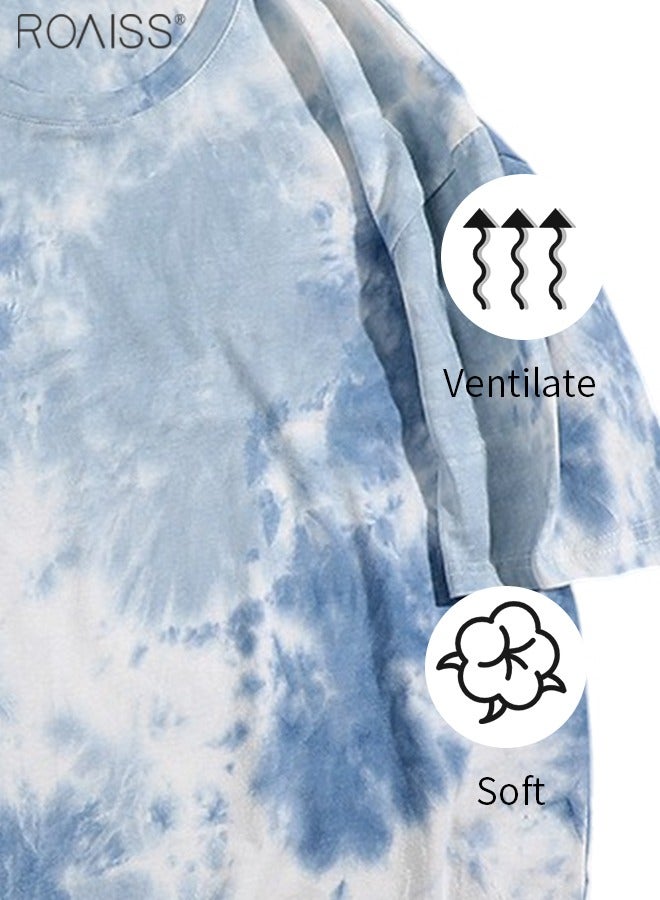 roaiss 2-Piece Unisex Style Fashion Tie Dyed T-Shirt Casual Loose Fitting Short Sleeved Top Comfortable And Breathable Versatile Cotton Pullover - Image 5