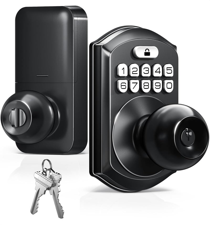 TEEHO TE003 Keyless Entry Keypad Door Lock with Handle, Electronic Digital Smart Locks for Front Door, Smart Door Knob with Code for Bedroom with Interior Locks, Auto Lock, Passage Mode, Matte Black - Image 1
