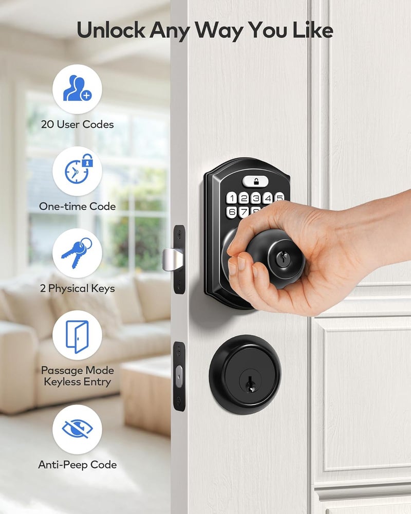 TEEHO TE003 Keyless Entry Keypad Door Lock with Handle, Electronic Digital Smart Locks for Front Door, Smart Door Knob with Code for Bedroom with Interior Locks, Auto Lock, Passage Mode, Matte Black - Image 3