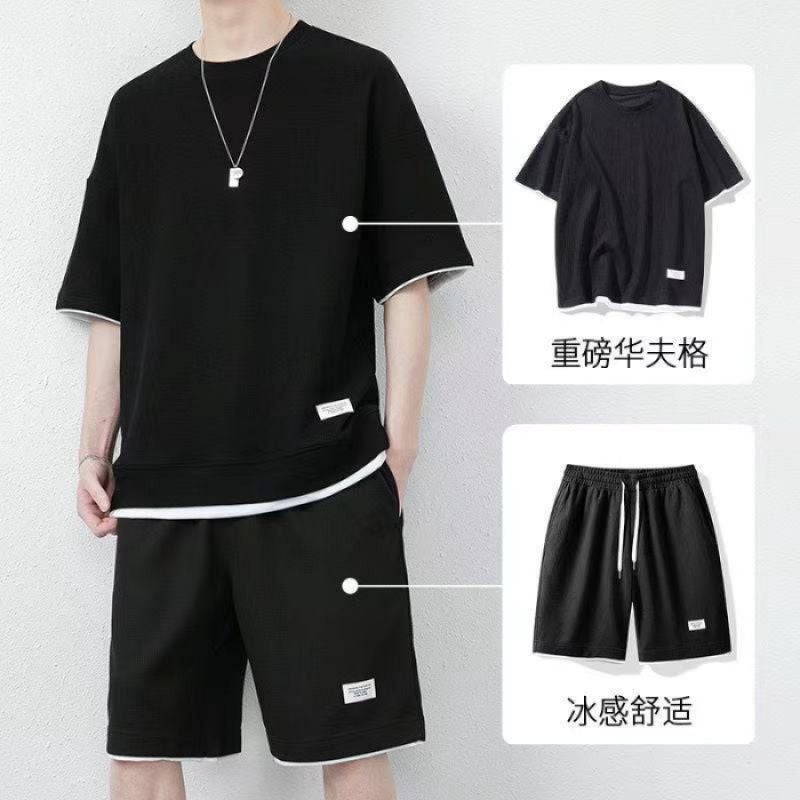 Cross-border 2023 New Casual suit Mens Summer Youth plus size Mens Sports Loose Short Sleeve Short Trend Black suit