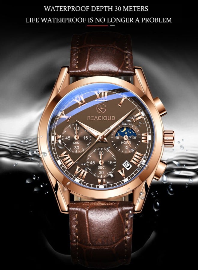 REACLOUD ساعة رجالية ساعة جلدية ساعة أنالوج كوارتز فاخرة ساعة كرونوغراف مع تاريخ ساعة رسمية مقاومة للماء مضيئة ساعة رجالية - Image 4
