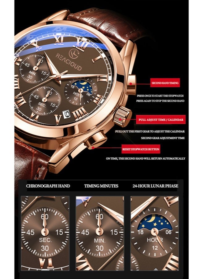 REACLOUD ساعة رجالية ساعة جلدية ساعة أنالوج كوارتز فاخرة ساعة كرونوغراف مع تاريخ ساعة رسمية مقاومة للماء مضيئة ساعة رجالية - Image 5