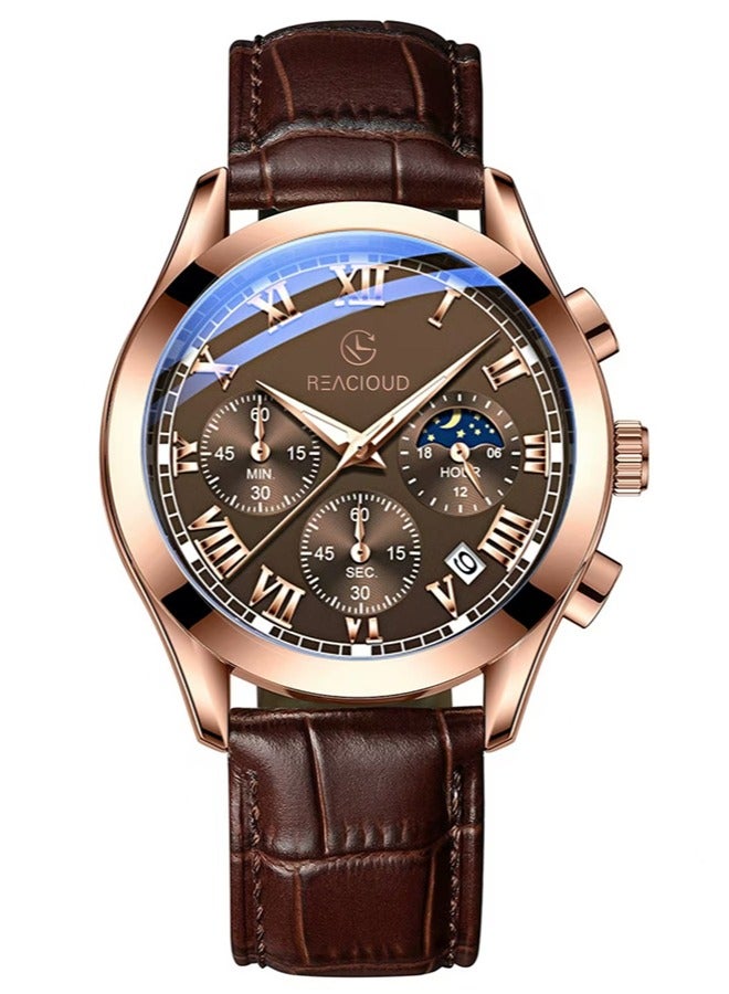 REACLOUD ساعة رجالية ساعة جلدية ساعة أنالوج كوارتز فاخرة ساعة كرونوغراف مع تاريخ ساعة رسمية مقاومة للماء مضيئة ساعة رجالية - Image 1