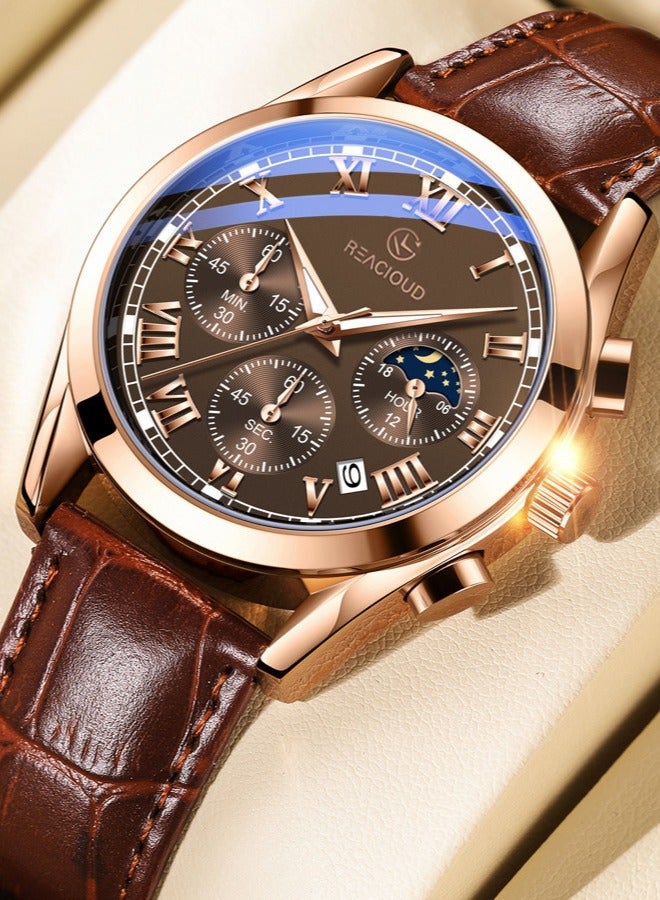 REACLOUD ساعة رجالية ساعة جلدية ساعة أنالوج كوارتز فاخرة ساعة كرونوغراف مع تاريخ ساعة رسمية مقاومة للماء مضيئة ساعة رجالية - Image 2