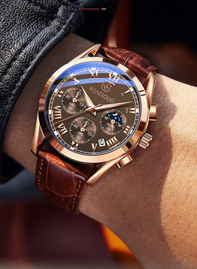 REACLOUD ساعة رجالية ساعة جلدية ساعة أنالوج كوارتز فاخرة ساعة كرونوغراف مع تاريخ ساعة رسمية مقاومة للماء مضيئة ساعة رجالية - Image 3