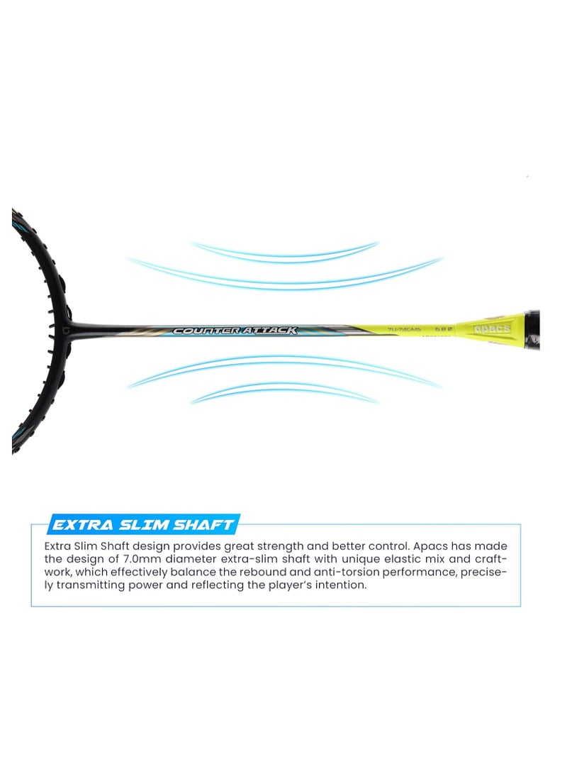 Apacs Counter Attack Unstrung Badminton Racket, 24T Japan Graphite, Ultra Optimum Frame, Power Head, Extra Slim Shaft, Max 35 lbs Tension, G4 Grip, Full Cover  - Image 4