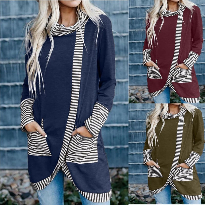 wish 2021 Fall/Winter New Long Sleeve Striped Contrast Turtleneck T-Shirt - Image 2