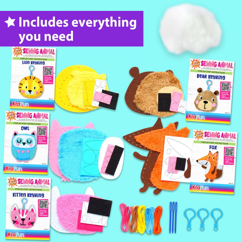 KRAFUN My First Sewing Animal for Kids, Beginner Art & Craft, 5 Easy Activities Stuffed Animal Dolls, Keyring Charms, Instructions & Felt Materials for Learn to Sew, Embroidery - Image 2