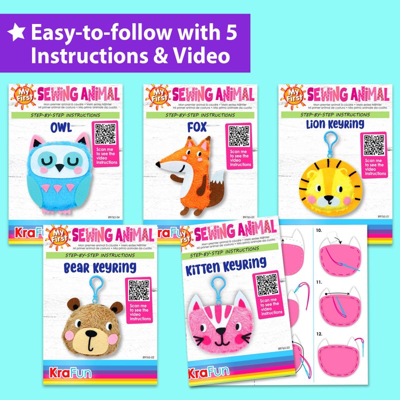 KRAFUN My First Sewing Animal for Kids, Beginner Art & Craft, 5 Easy Activities Stuffed Animal Dolls, Keyring Charms, Instructions & Felt Materials for Learn to Sew, Embroidery - Image 5