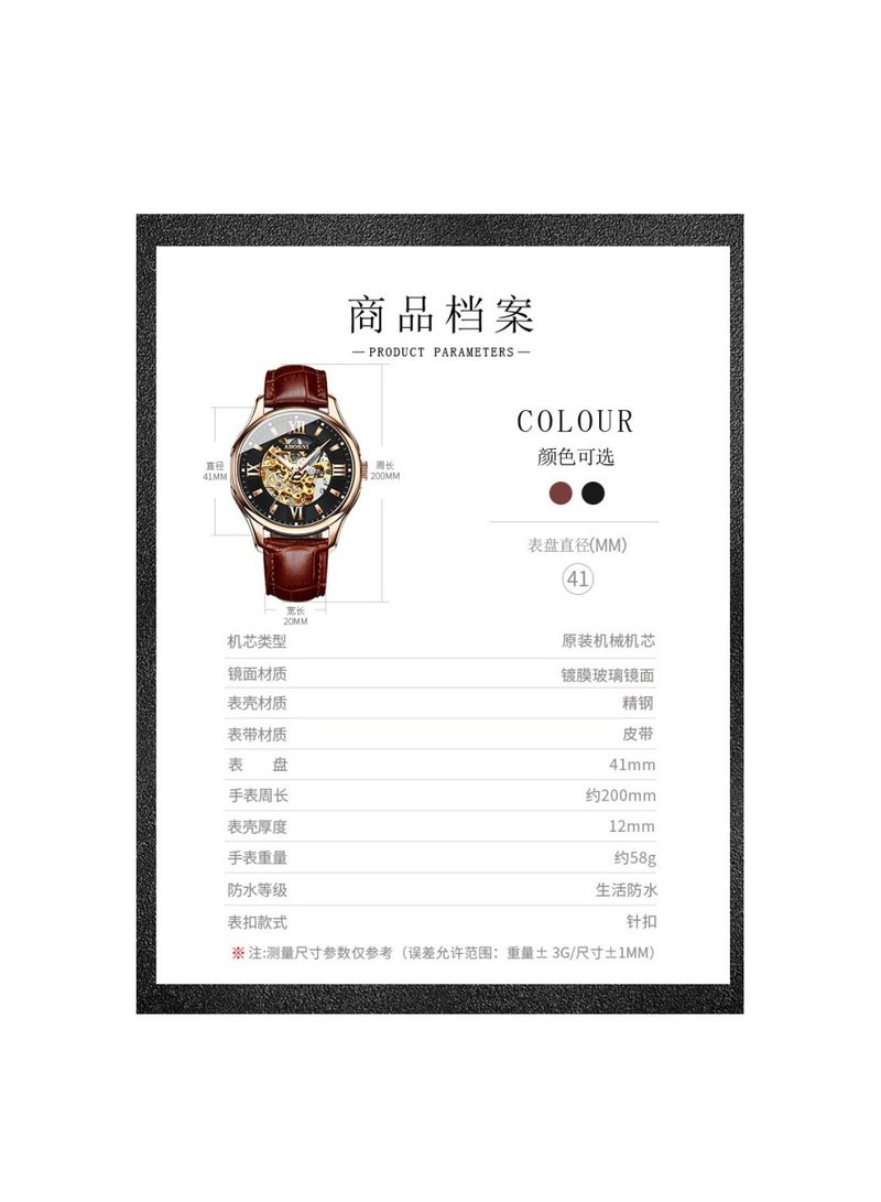 xozgdovg Automatic mechanical watch fashion double-sided hollow mechanical watch waterproof luminous men's belt watch /YBN9005 rose shell black belt  - Image 2