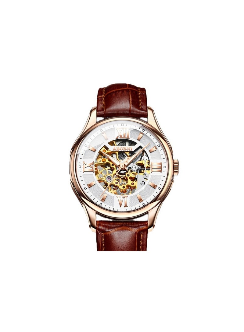 xozgdovg Automatic mechanical watch fashion double-sided hollow mechanical watch waterproof luminous men's belt watch /YBN9005 rose shell black belt  - Image 1