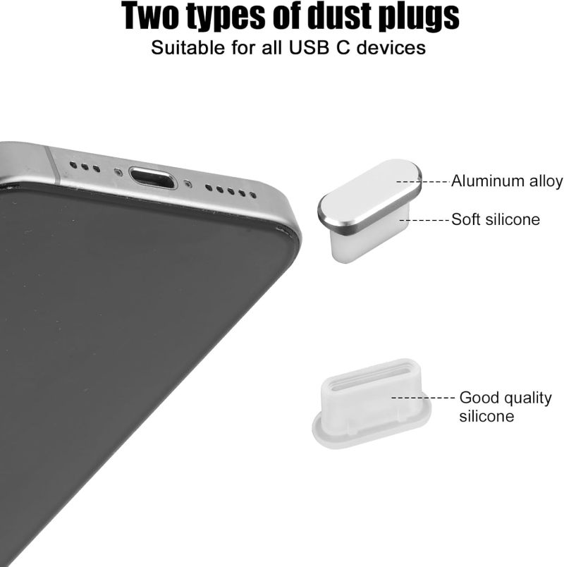 USB-C Dust Covers: 4 Pieces (2 Silicone 2 Silicone-Aluminum) + 20 Mesh Phone Speaker Covers - Dust-Proof Protective Kit With Cleaning Brush Tweezers 5 Cotton Swabs for iPhone 15 16 Series USB-C Device - Image 5