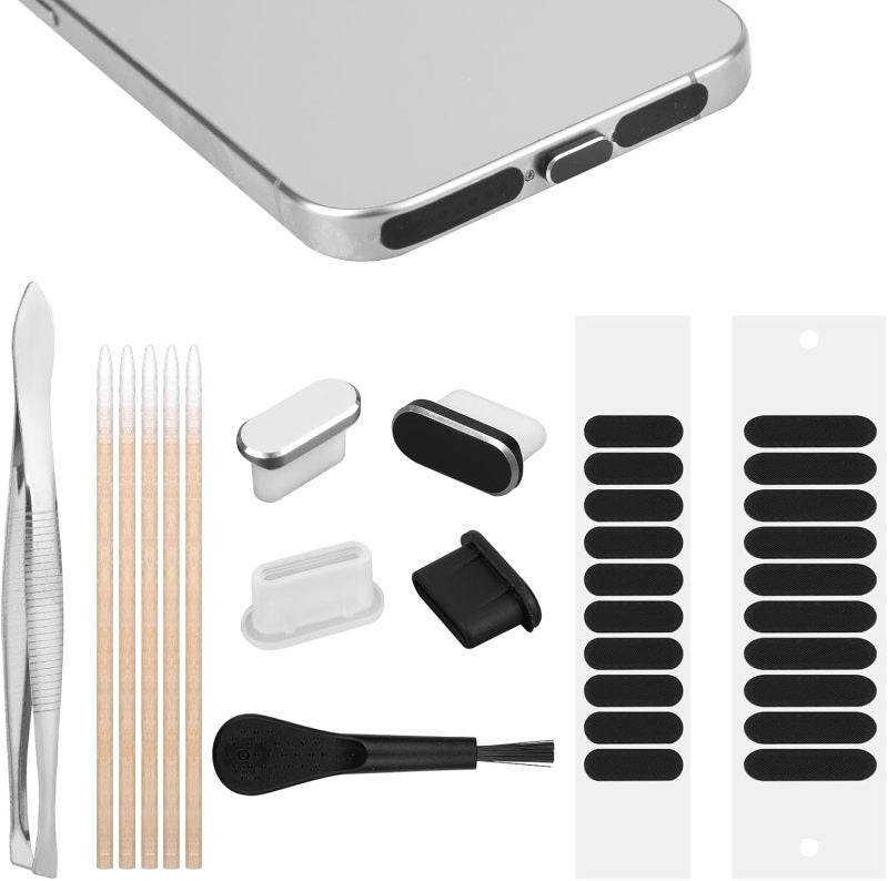 USB-C Dust Covers: 4 Pieces (2 Silicone 2 Silicone-Aluminum) + 20 Mesh Phone Speaker Covers - Dust-Proof Protective Kit With Cleaning Brush Tweezers 5 Cotton Swabs for iPhone 15 16 Series USB-C Device - Image 2