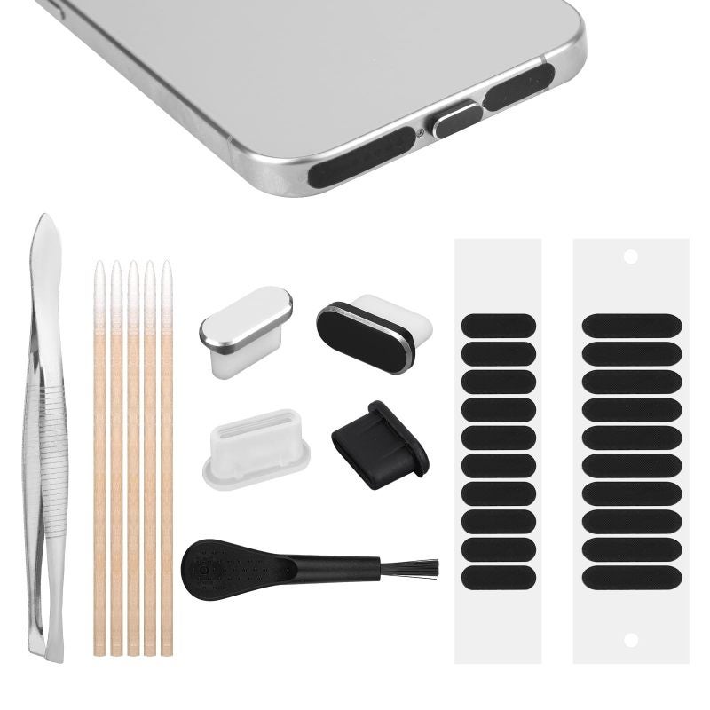 USB-C Dust Covers: 4 Pieces (2 Silicone 2 Silicone-Aluminum) + 20 Mesh Phone Speaker Covers - Dust-Proof Protective Kit With Cleaning Brush Tweezers 5 Cotton Swabs for iPhone 15 16 Series USB-C Device - Image 1
