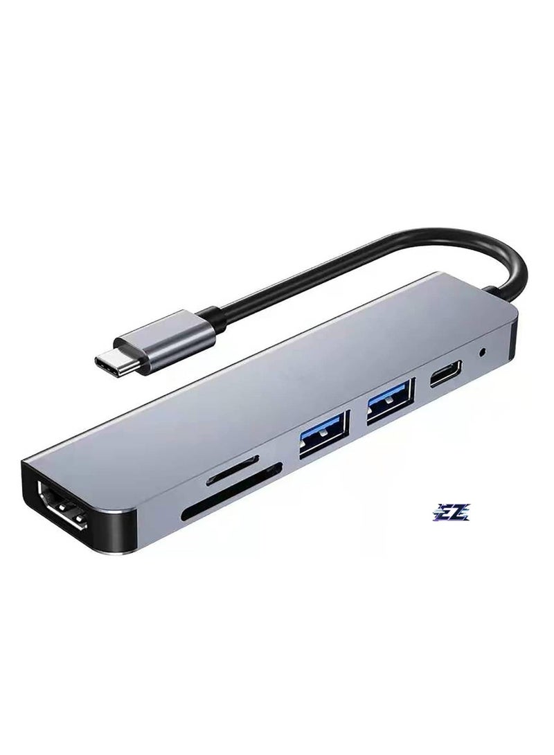 ELTRAZONE USB C Hub 6-in-1 Type C to HDMI 4K Adapter with 2 USB 3.0 Ports, SD/TF Card Reader, 100W USB-C Power Delivery, Aluminium, Compatible with MacBook Pro/Air, XPS, Laptops, Tablets, Smartphones - Space Grey  - Image 1