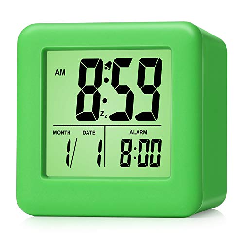 Plumeet Digital Alarm Clock Kids with Snooze and Nightlight - Easy Setting Silicone Clock Display Time, Date - Loud Alarm Clock for Bedroom - Battery Powered (Green) - Image 1