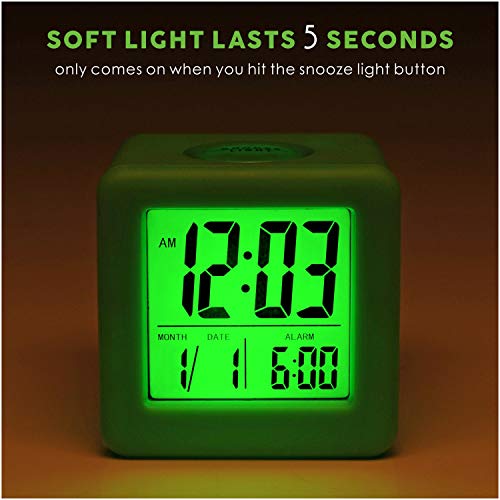 Plumeet Digital Alarm Clock Kids with Snooze and Nightlight - Easy Setting Silicone Clock Display Time, Date - Loud Alarm Clock for Bedroom - Battery Powered (Green) - Image 3