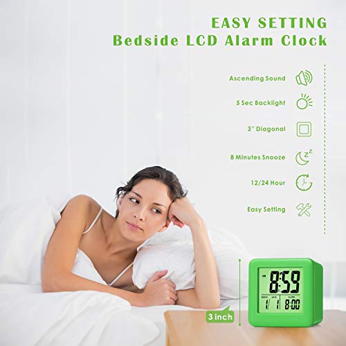 Plumeet Digital Alarm Clock Kids with Snooze and Nightlight - Easy Setting Silicone Clock Display Time, Date - Loud Alarm Clock for Bedroom - Battery Powered (Green) - Image 2
