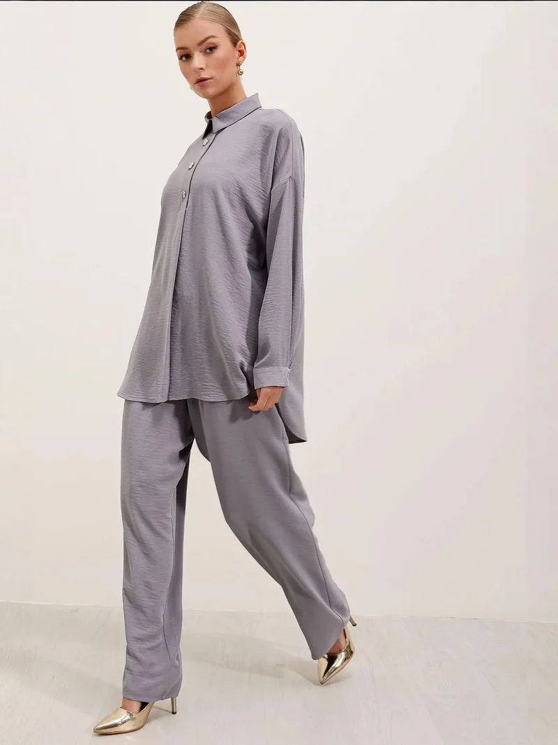 BIG DART BDART Textured Long Sleeve Button-Up Shirt and Wide Leg Pants Set