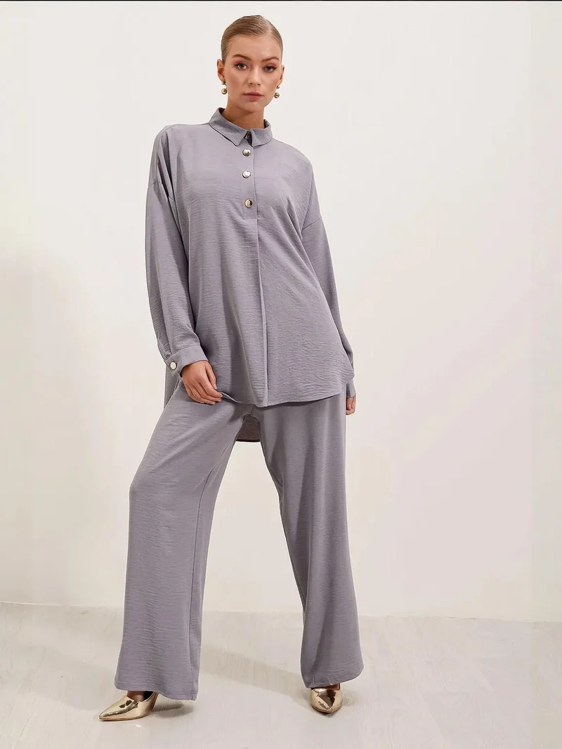 BIG DART BDART Textured Long Sleeve Button-Up Shirt and Wide Leg Pants Set