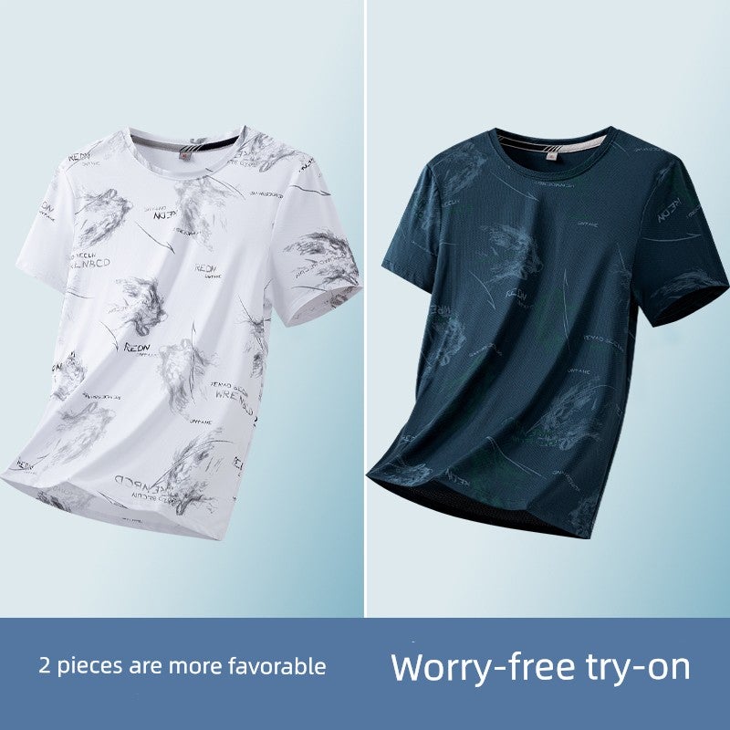 Ice silk short-sleeved T-shirt for men's summer thin trendy printed T-shirt, fashionable wrinkle-resistant ice-cold half-sleeved handsome top - Image 2