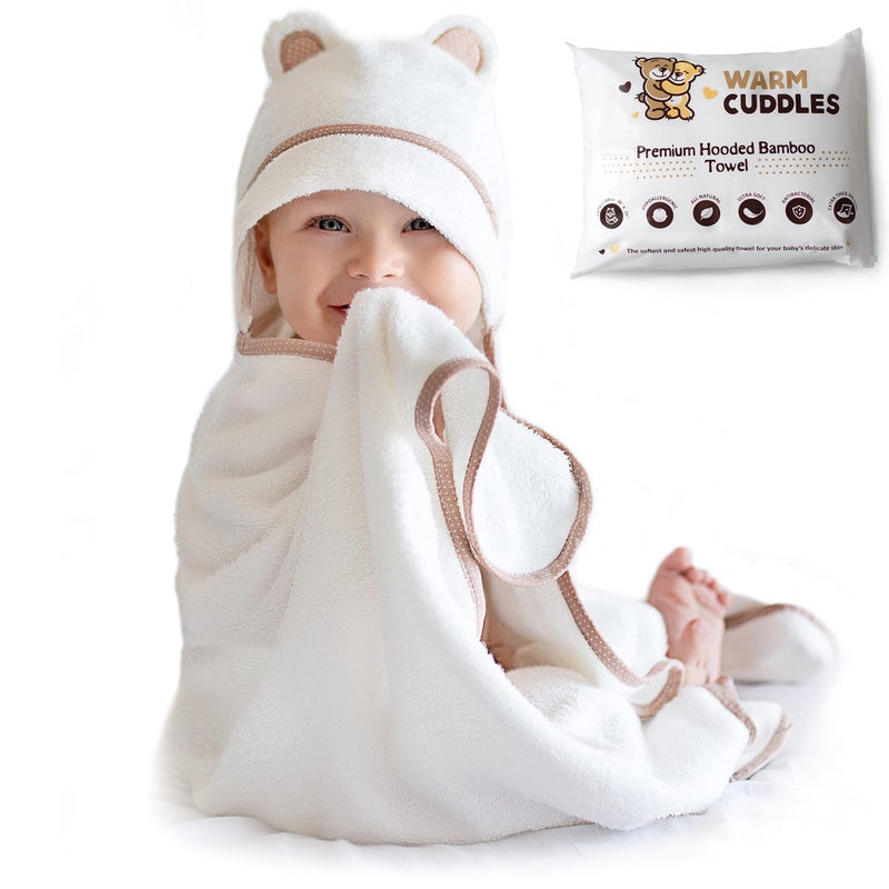 Warm Cuddles Premium Baby Bath Towel - Rayon Made from Bamboo Hooded Baby Towels - Newborn Baby Towel with Hood - Large Hooded Towel for Newborn Infant Boy Girl (White) - Image 1