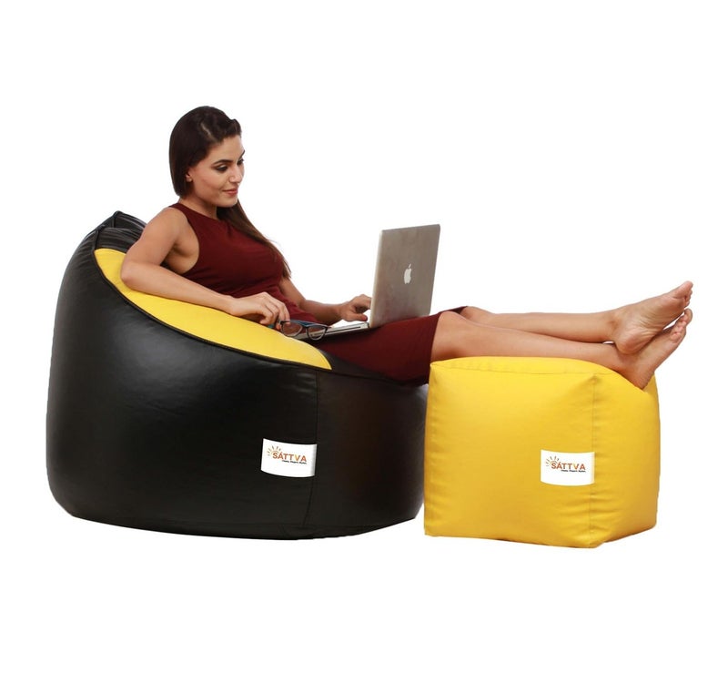 SATTVA Classy.Elegant.Stylish Sattva Combo Muddha Bean Bag Cover Black AND Yellow XXXL with square stool  - Image 2