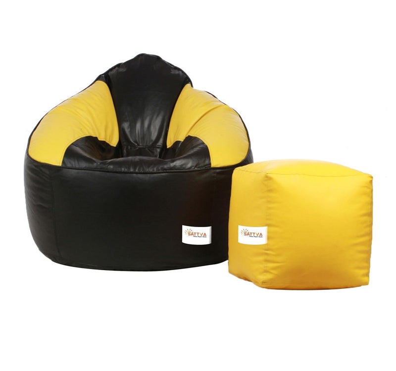 SATTVA Classy.Elegant.Stylish Sattva Combo Muddha Bean Bag Cover Black AND Yellow XXXL with square stool  - Image 1