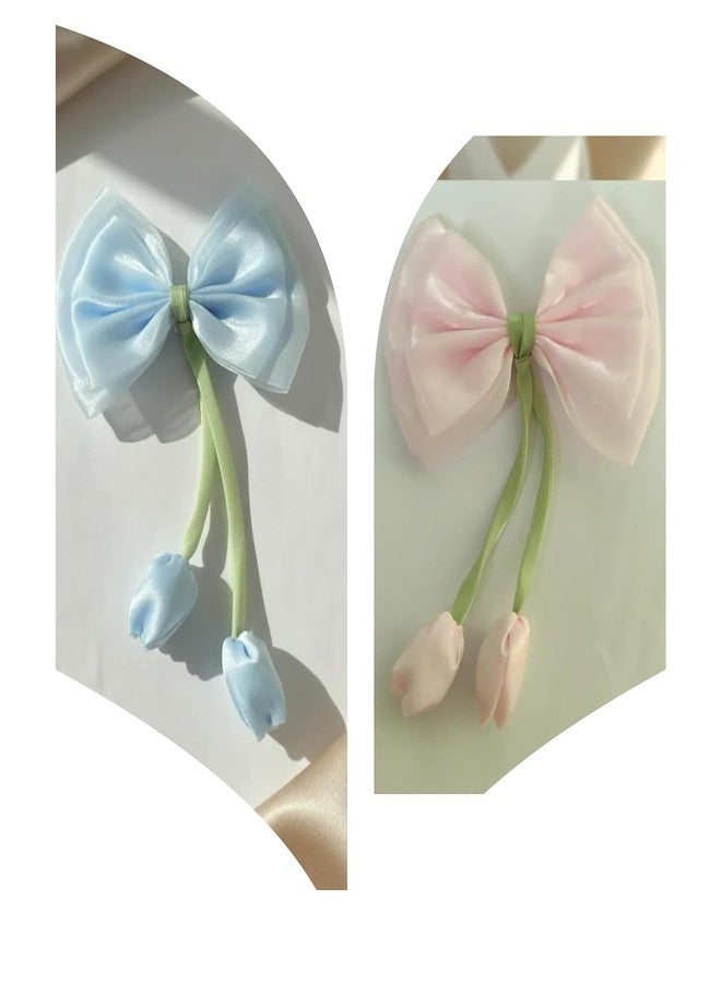 WECROO Elegant Organza Hair Bow with Elastic Band, Large Tulip Ribbon Hair Bow Clips for Girls Cute Flower Bow Hair Accessories with Soft Organza Fabric Hair Clip for Kids & Women (Multicolor, Pack of 2) - Image 1