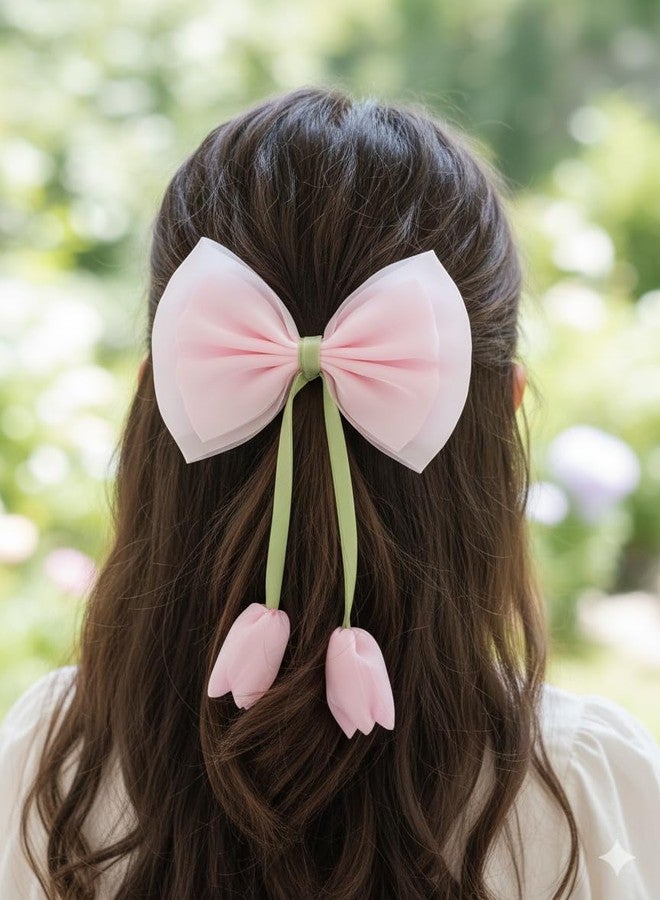 WECROO Elegant Organza Hair Bow with Elastic Band, Large Tulip Ribbon Hair Bow Clips for Girls Cute Flower Bow Hair Accessories with Soft Organza Fabric Hair Clip for Kids & Women (Multicolor, Pack of 2) - Image 3