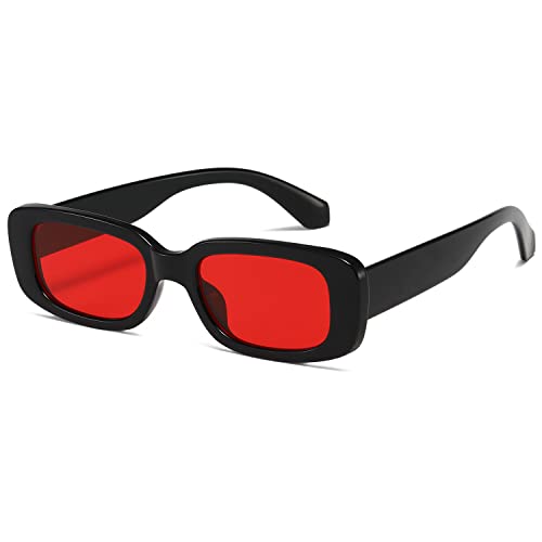 kimorn Rectangle Sunglasses for Women Men Trendy Retro Fashion Sun Glasses 90’s Vintage Square Frame K1200 (Black Frame Red Lens, 65) - Image 1