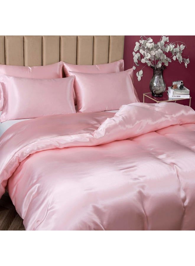 P Pothuiny 5 Pieces Satin Duvet Cover Full/Queen Size Set, Luxury Silky Like Blush Pink Duvet Cover Bedding Set with Zipper Closure, 1 Duvet Cover + 4 Pillow Cases (No Comforter) - Image 4