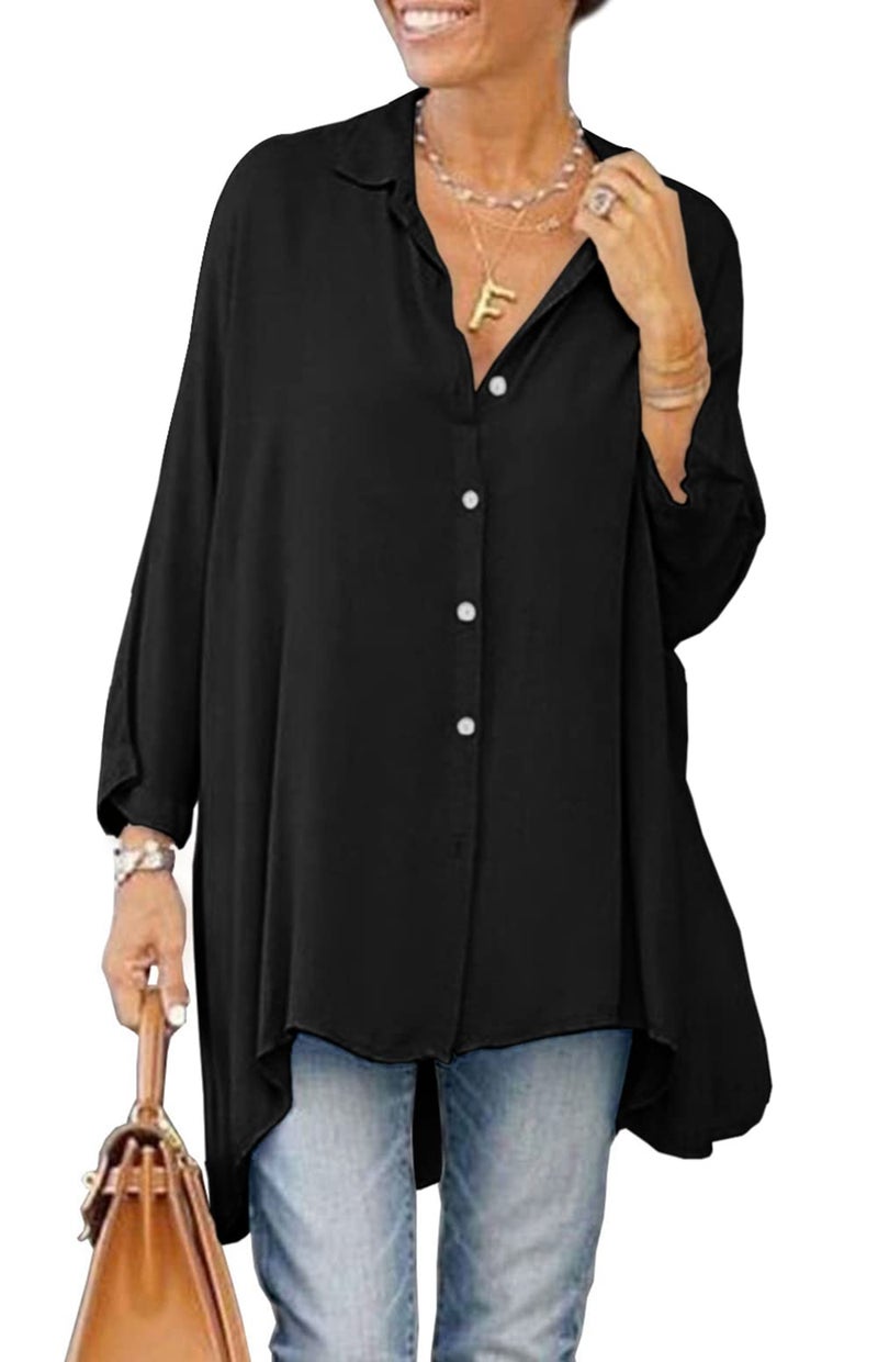 Aoysky Womens Oversized T Shirts Button Down Long Sleeve Shirt V Neck Collar Loose Flowy Blouse Black - Image 1