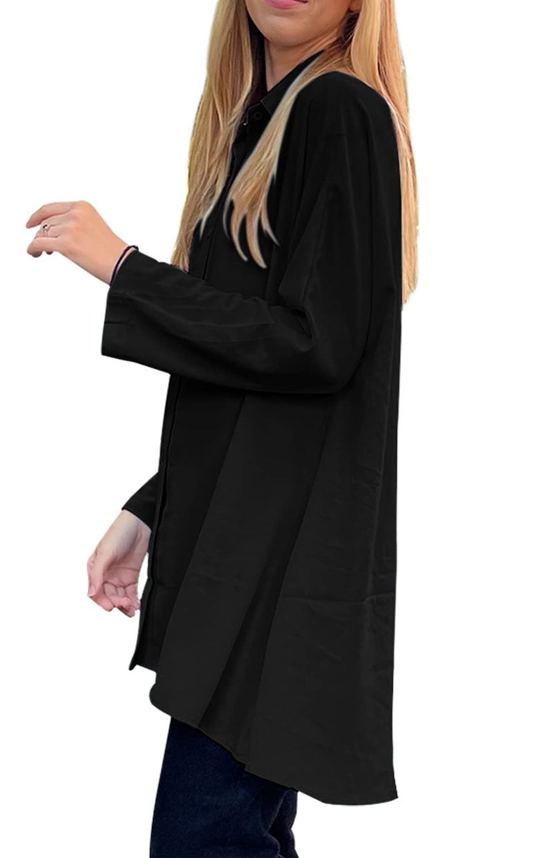 Aoysky Womens Oversized T Shirts Button Down Long Sleeve Shirt V Neck Collar Loose Flowy Blouse Black - Image 2