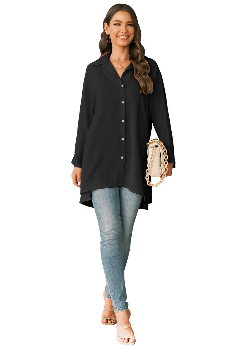 Aoysky Womens Oversized T Shirts Button Down Long Sleeve Shirt V Neck Collar Loose Flowy Blouse Black - Image 3