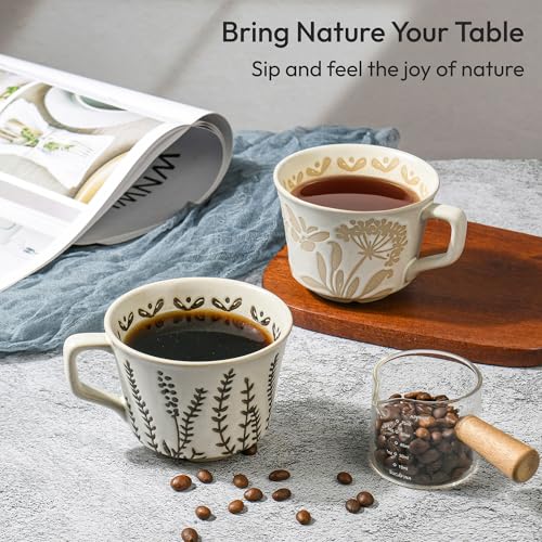 LINVIA Ceramic Coffee Mug, 12 oz Novelty Unique Teacup with Handle, Stoneware Cup for Tea Mocha Latte Cappuccino Espresso (Set of 4, Butterfly Grass Ivy and Leaf) - Image 5