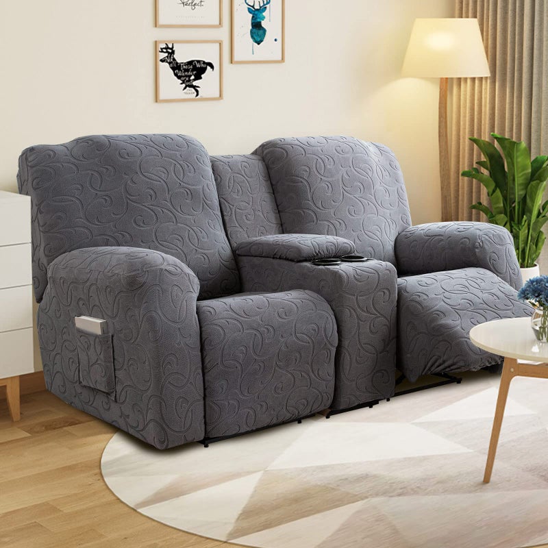 YUEANG Recliner Loveseat Cover with Center Console, 2 Seater Jacquard Recliner Sofa Slipcover with Pockets Washable Stretch Reclining Couch Covers Furniture Protector with Elastic Straps (Dark Gray) - Image 4