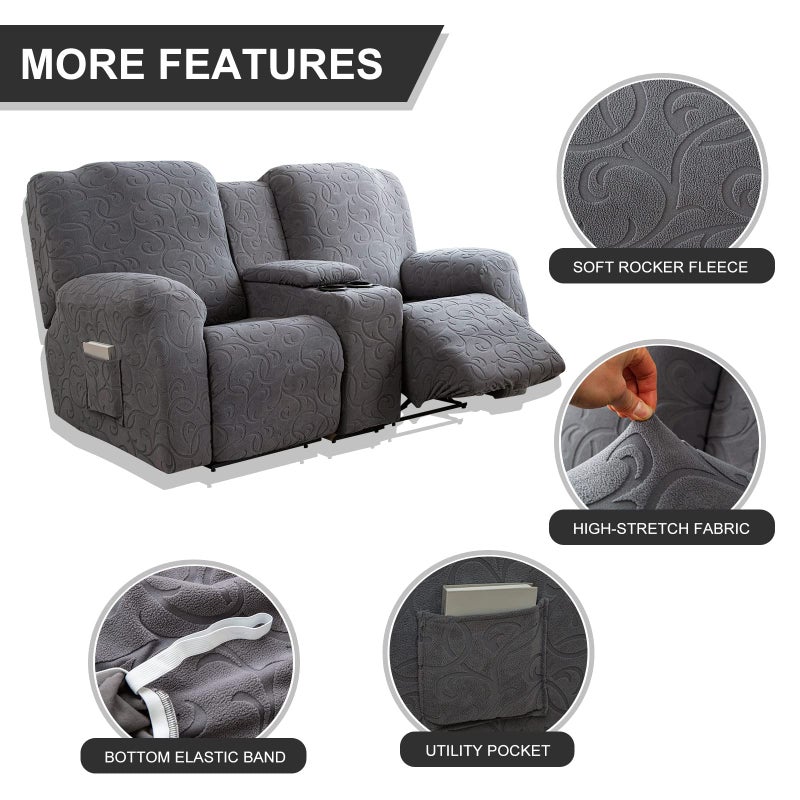 YUEANG Recliner Loveseat Cover with Center Console, 2 Seater Jacquard Recliner Sofa Slipcover with Pockets Washable Stretch Reclining Couch Covers Furniture Protector with Elastic Straps (Dark Gray) - Image 2