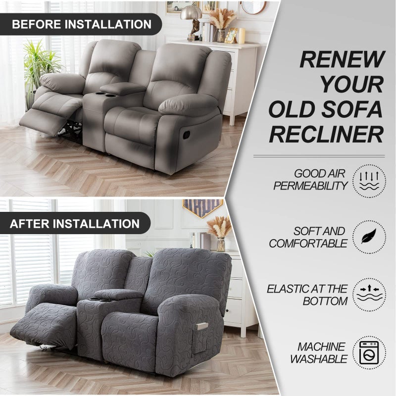 YUEANG Recliner Loveseat Cover with Center Console, 2 Seater Jacquard Recliner Sofa Slipcover with Pockets Washable Stretch Reclining Couch Covers Furniture Protector with Elastic Straps (Dark Gray) - Image 5